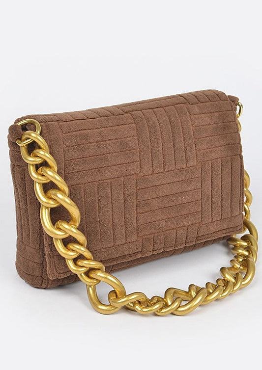 Center In Embossed Micro Suede Chain Clutch