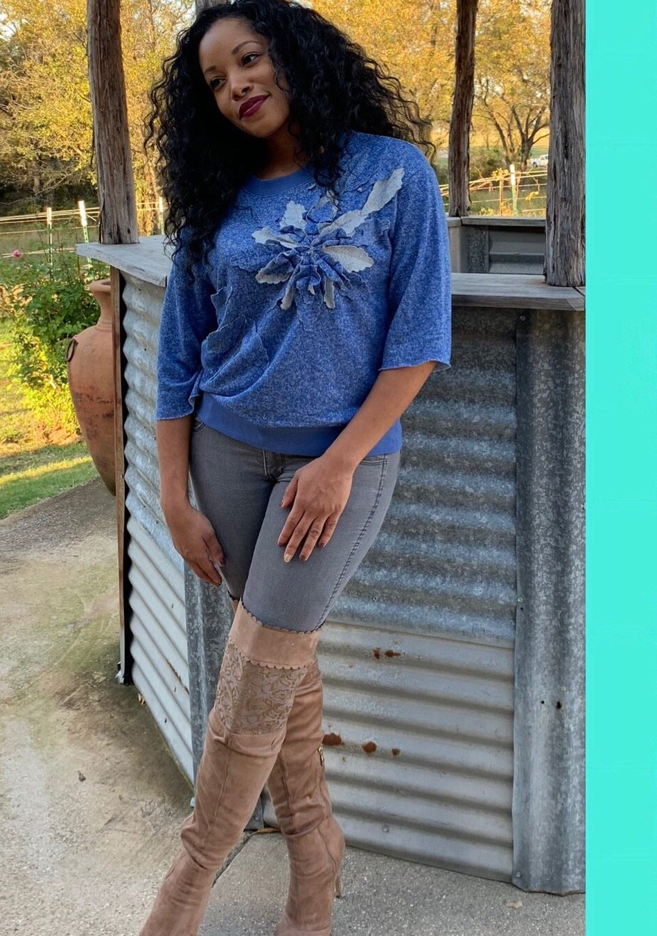 ~ Royal Blue Floral Appliqué Top - TRUE.
