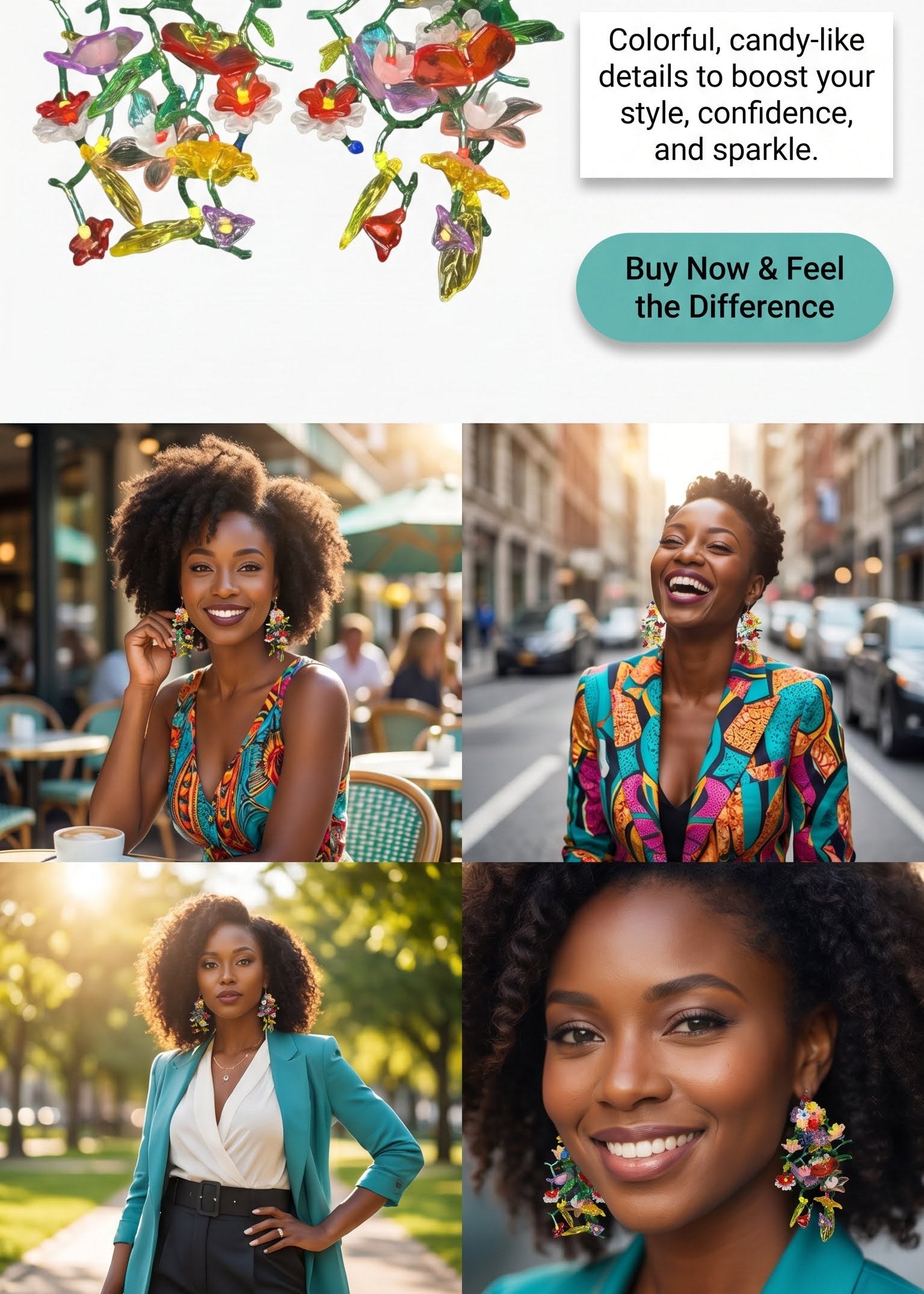 A promotional collage for colorful floral statement earrings. The top shows two pairs of dangling earrings with many bright flowers and green leaves on a white background with marketing text.
