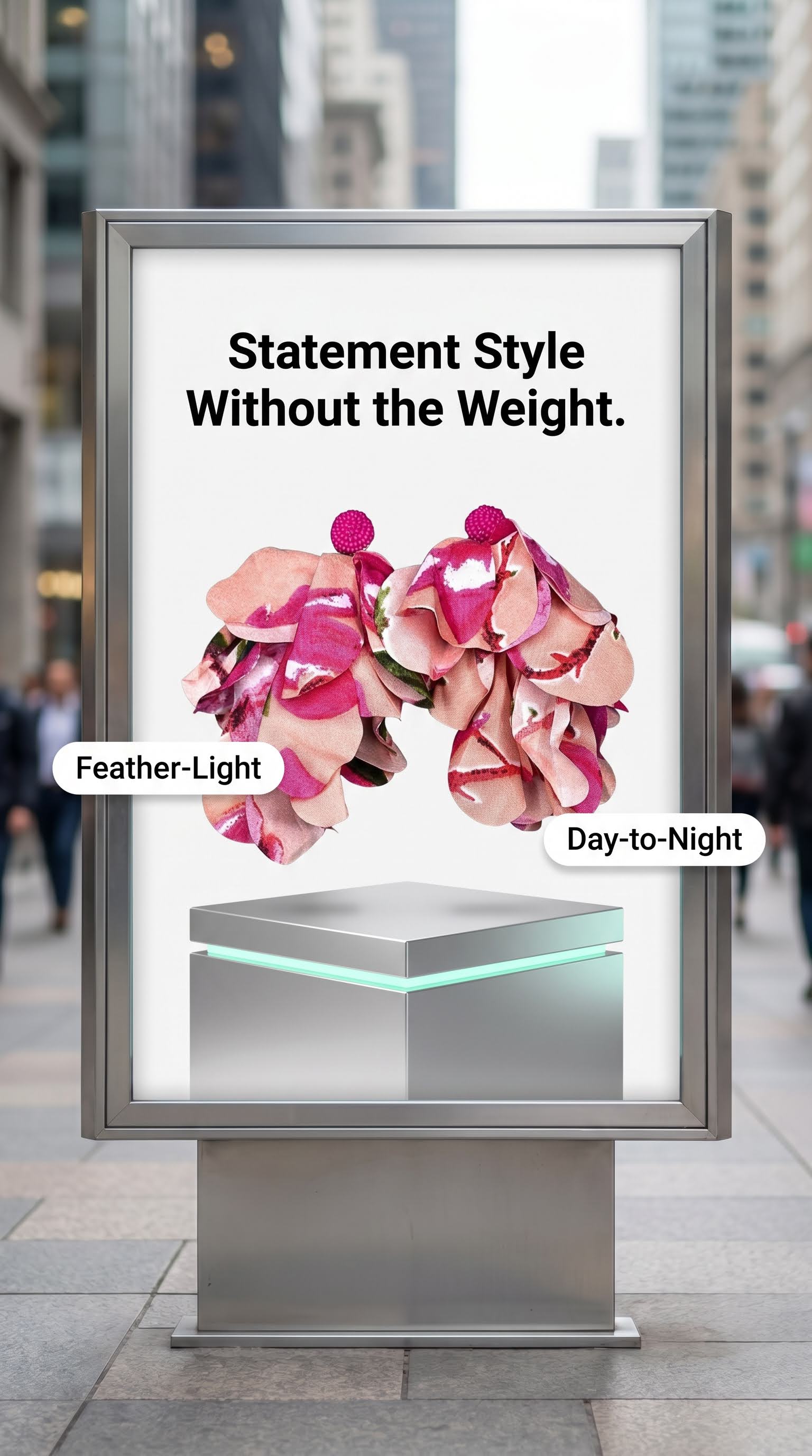A freestanding rectangular display stand with a large printed panel showing the text 'Statement Style Without the Weight.' above pink flower graphics and labels reading 'Feather-Light' and 'Day-to-Night.
