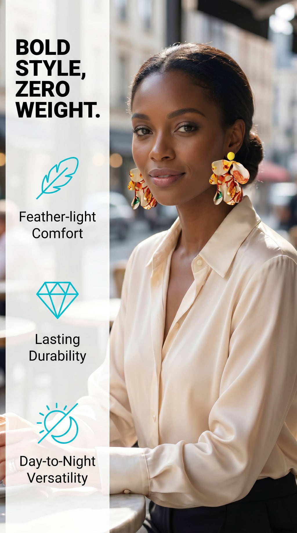 A woman wearing large, colorful dangling earrings with orange, yellow, and white floral elements, styled with a cream satin blouse. The left side features a white vertical banner with text reading 'BOLD STYLE, ZERO WEIGHT.