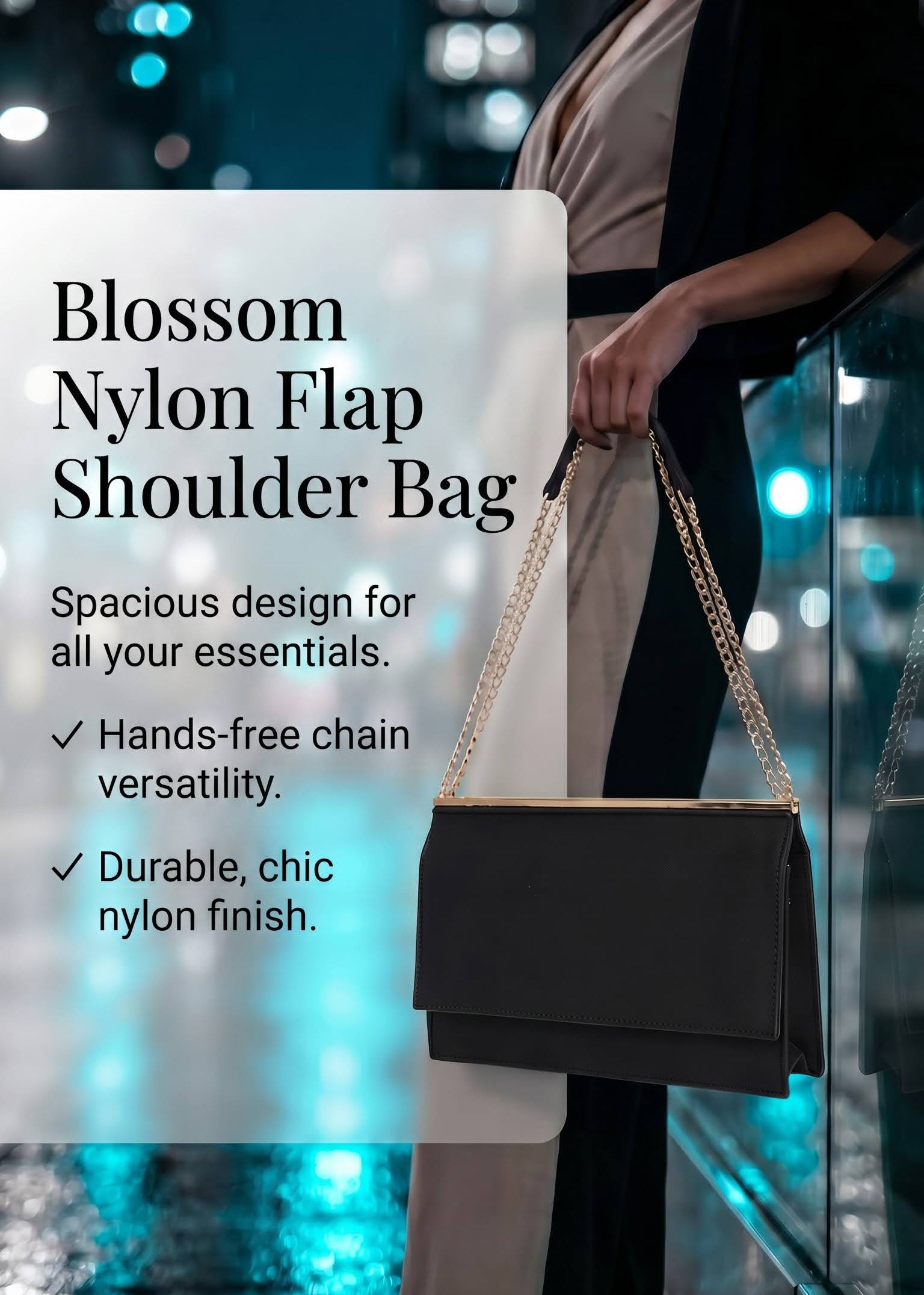 A woman in a black blazer and beige dress carries a black nylon flap shoulder bag with a gold-tone chain strap in an urban nighttime setting with blue bokeh lights. Text on the left reads 'Blossom Nylon Flap Shoulder Bag' with feature bullet points.