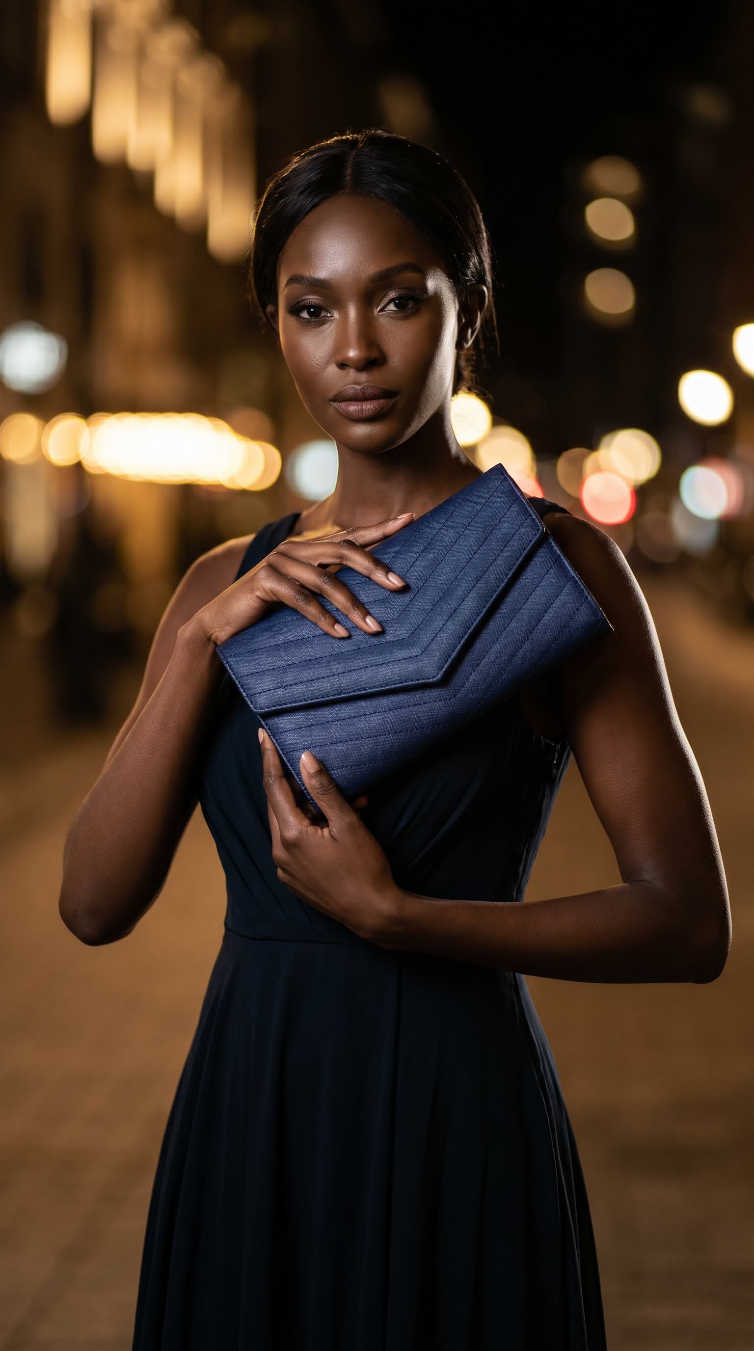 A woman in a dark navy dress holds a dark blue quilted clutch bag against a blurred nighttime city street background with warm bokeh lights.