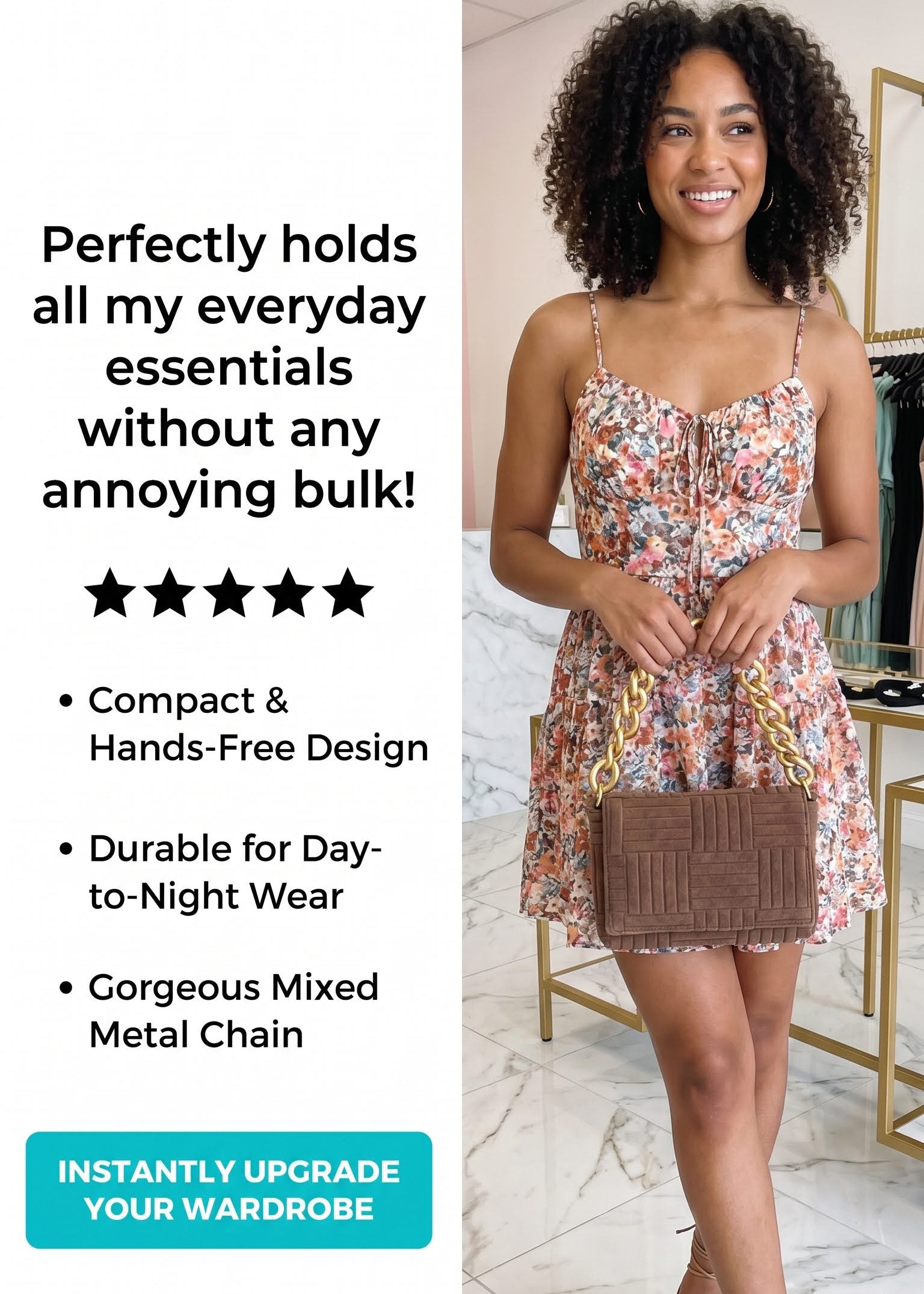 A woman modeling a floral spaghetti-strap dress and carrying a brown quilted handbag with a gold chain strap in an indoor boutique setting. The left side features promotional text highlighting the bag's capacity and design benefits.