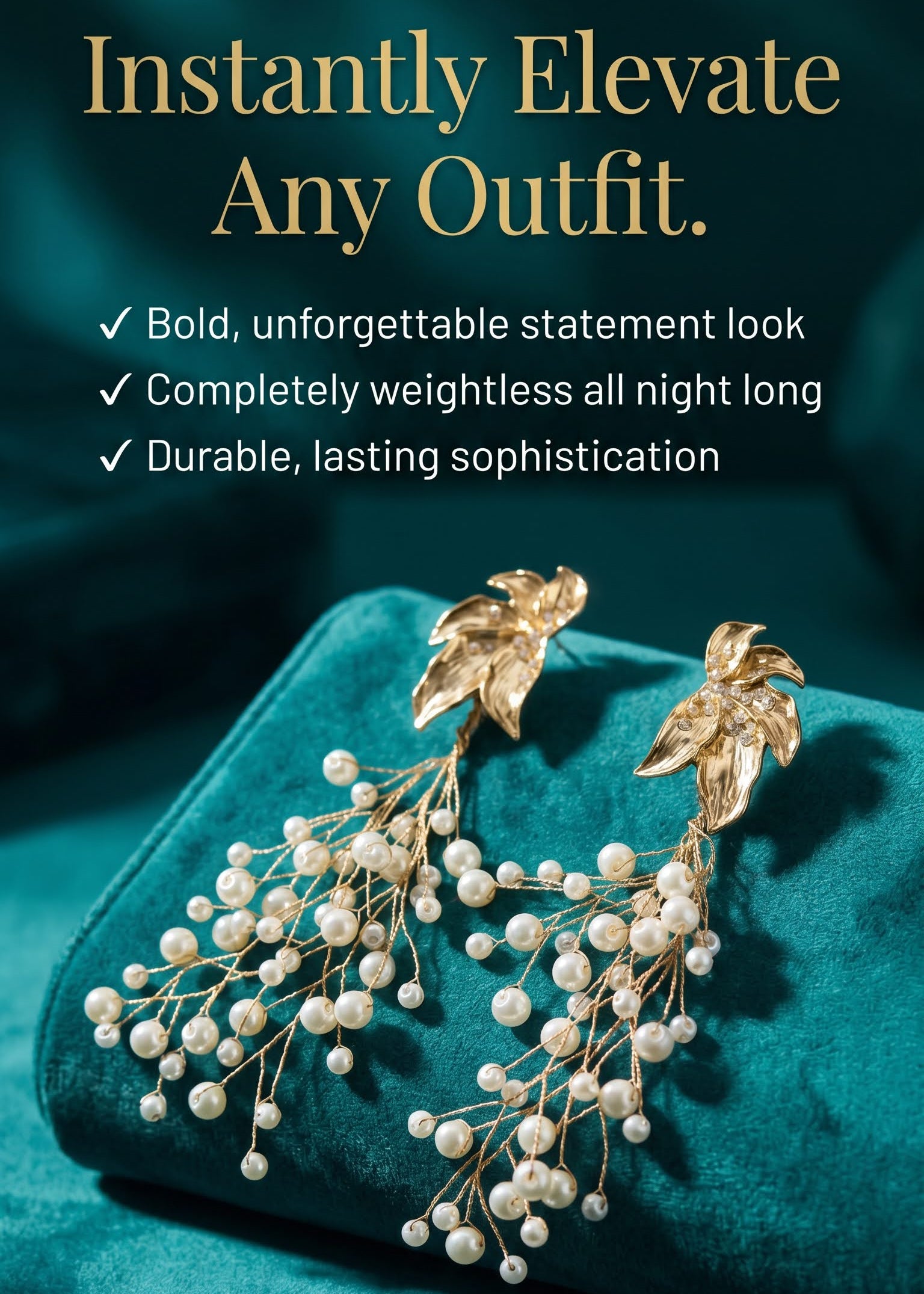 Gold statement earrings with leaf-shaped tops and dangling pearl clusters, displayed on a teal velvet surface with promotional text above and below.