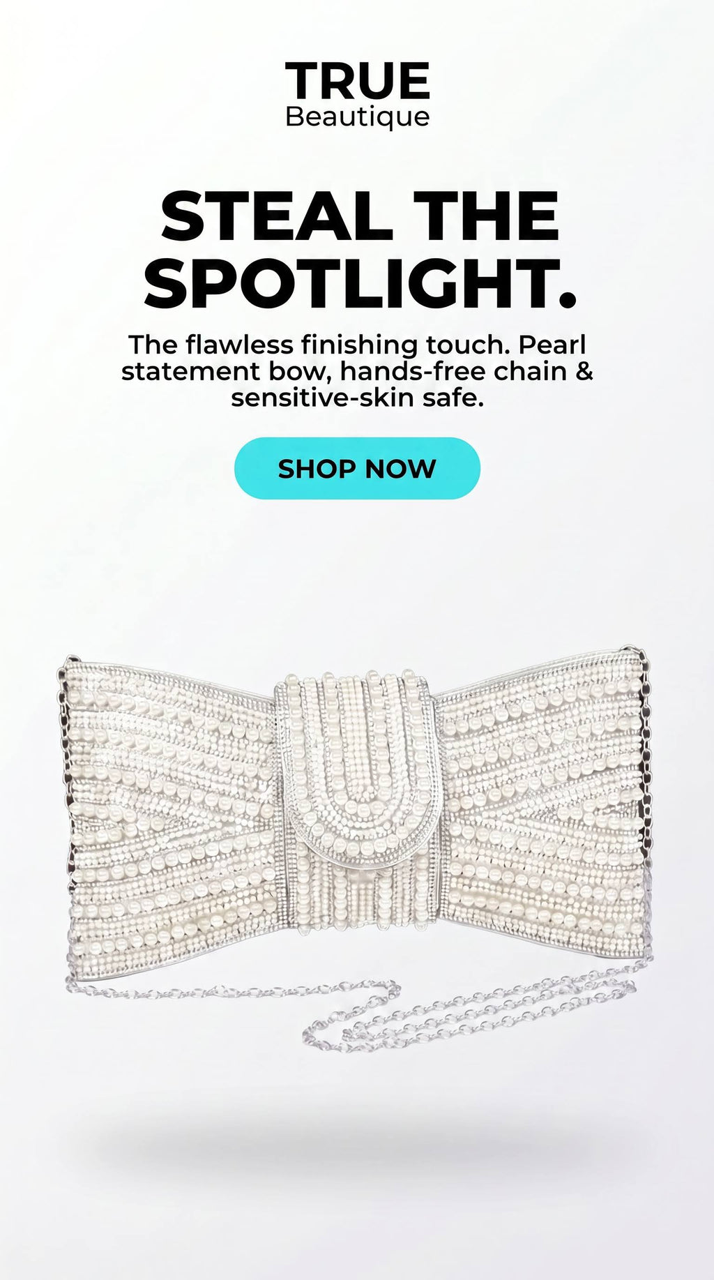 A promotional product image for a TRUE Beautique pearl statement bow clutch bag. The white textured clutch is embellished with rows of white pearls and a central pearl U-shaped detail, with a pearl chain strap.