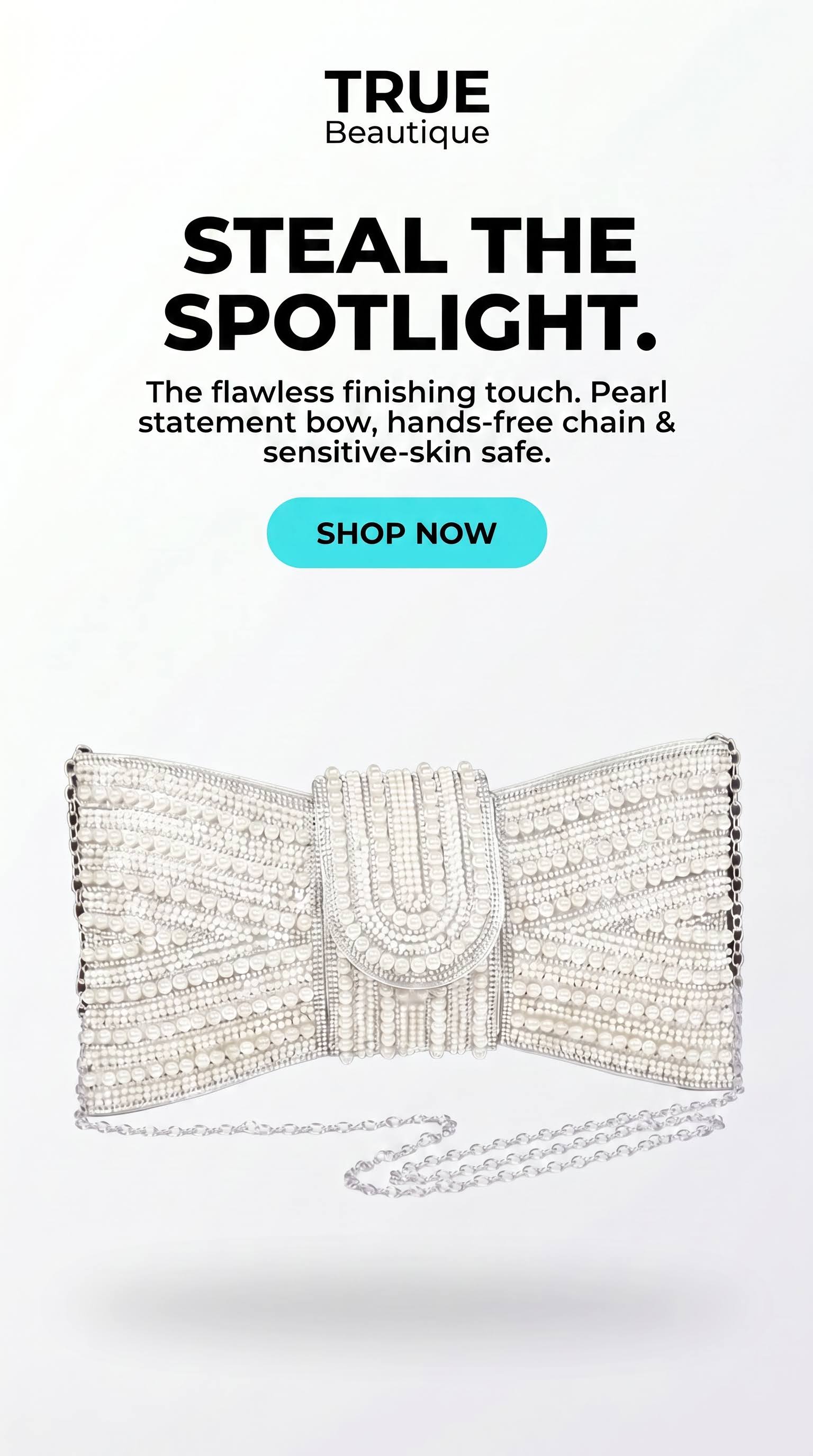 A promotional product image for a TRUE Beautique pearl statement bow clutch bag. The white textured clutch is embellished with rows of white pearls and a central pearl U-shaped detail, with a pearl chain strap.