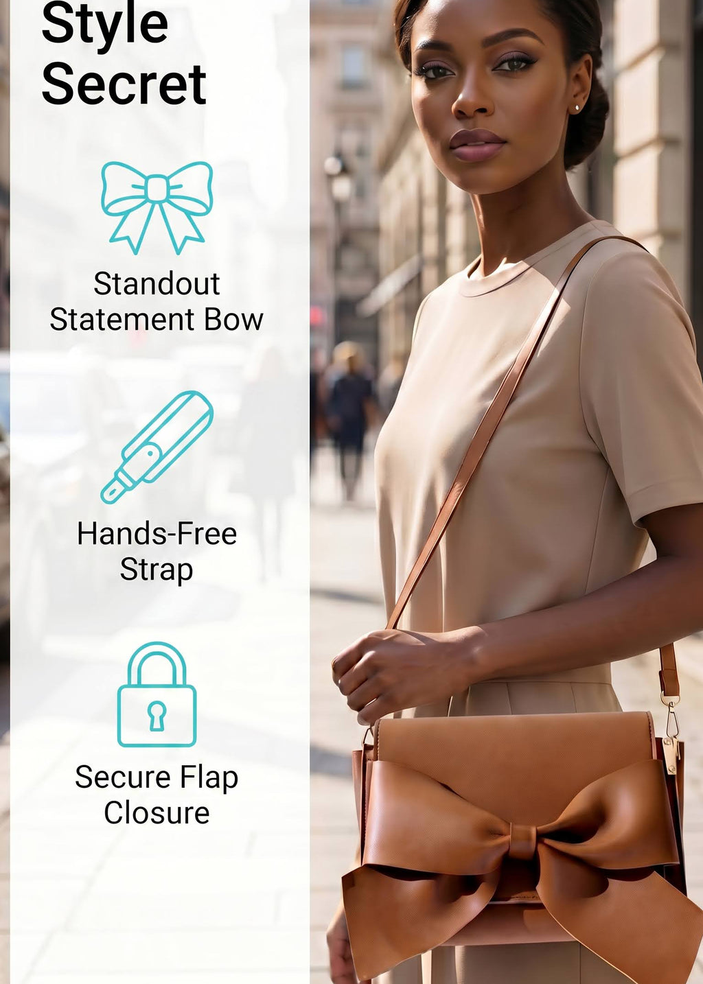 A woman in a beige dress stands on a city street holding a tan shoulder bag with a large bow detail and a strap-free closure. Text on the left highlights product features: 'Standout Statement Bow,' 'Hands-Free Strap,' and 'Secure Flap Closure.