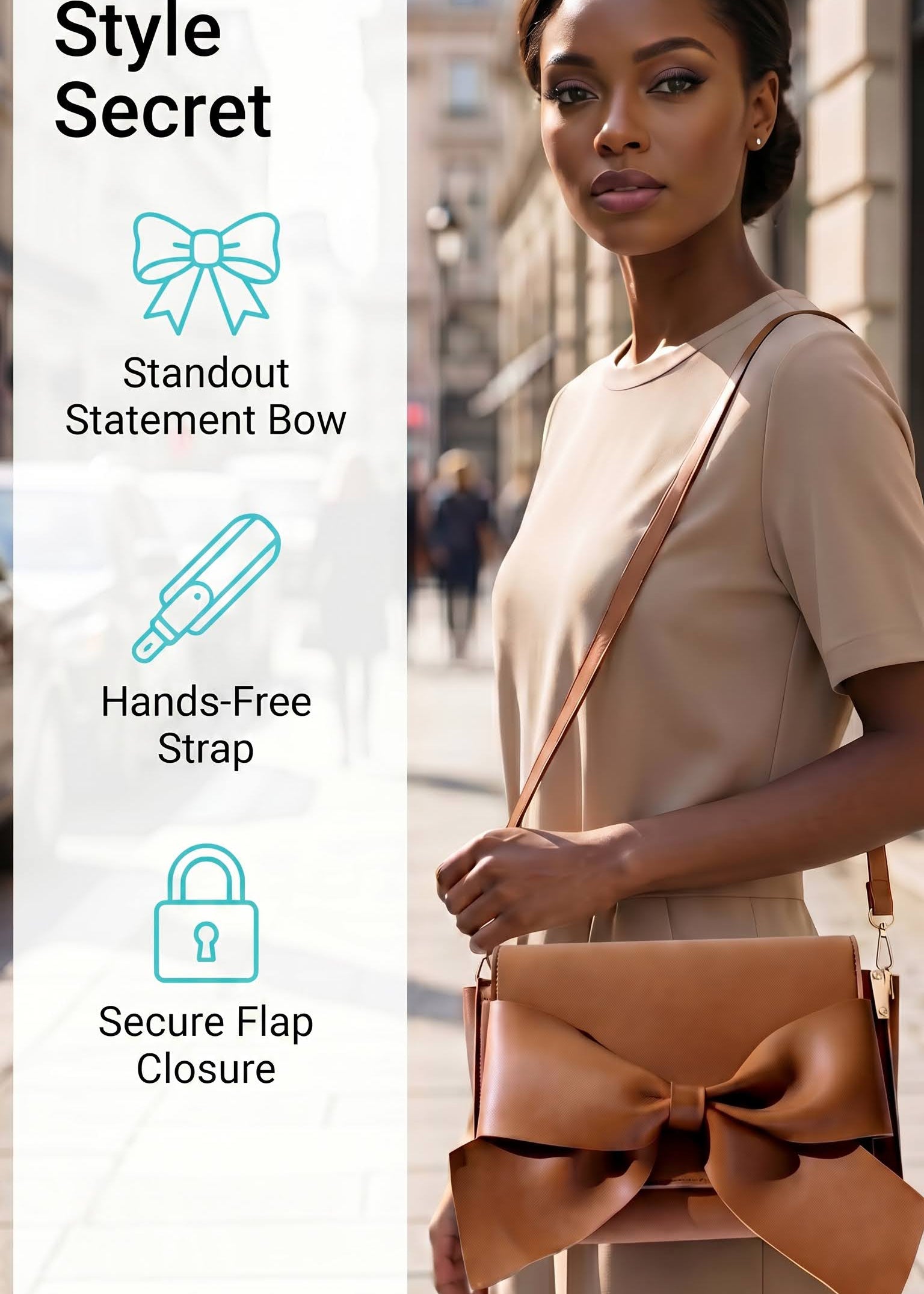 A woman in a beige dress stands on a city street holding a tan shoulder bag with a large bow detail and a strap-free closure. Text on the left highlights product features: 'Standout Statement Bow,' 'Hands-Free Strap,' and 'Secure Flap Closure.