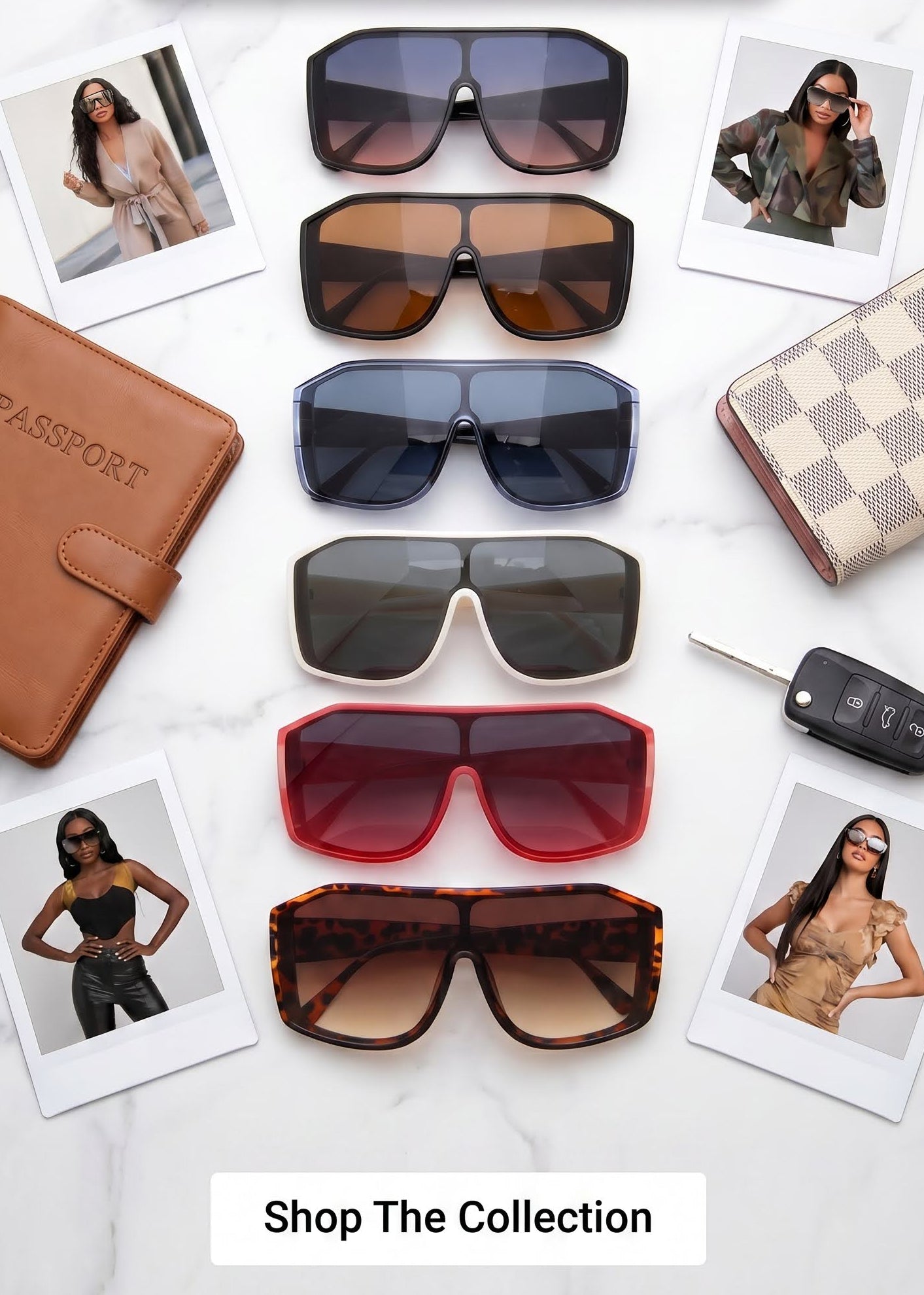 A styled flat-lay featuring six pairs of oversized square sunglasses arranged vertically on a white marble background, surrounded by lifestyle props including a brown passport holder, instant photos, a checkered wallet, a car key, and a 'Weekend Checklist' graphic overlay.