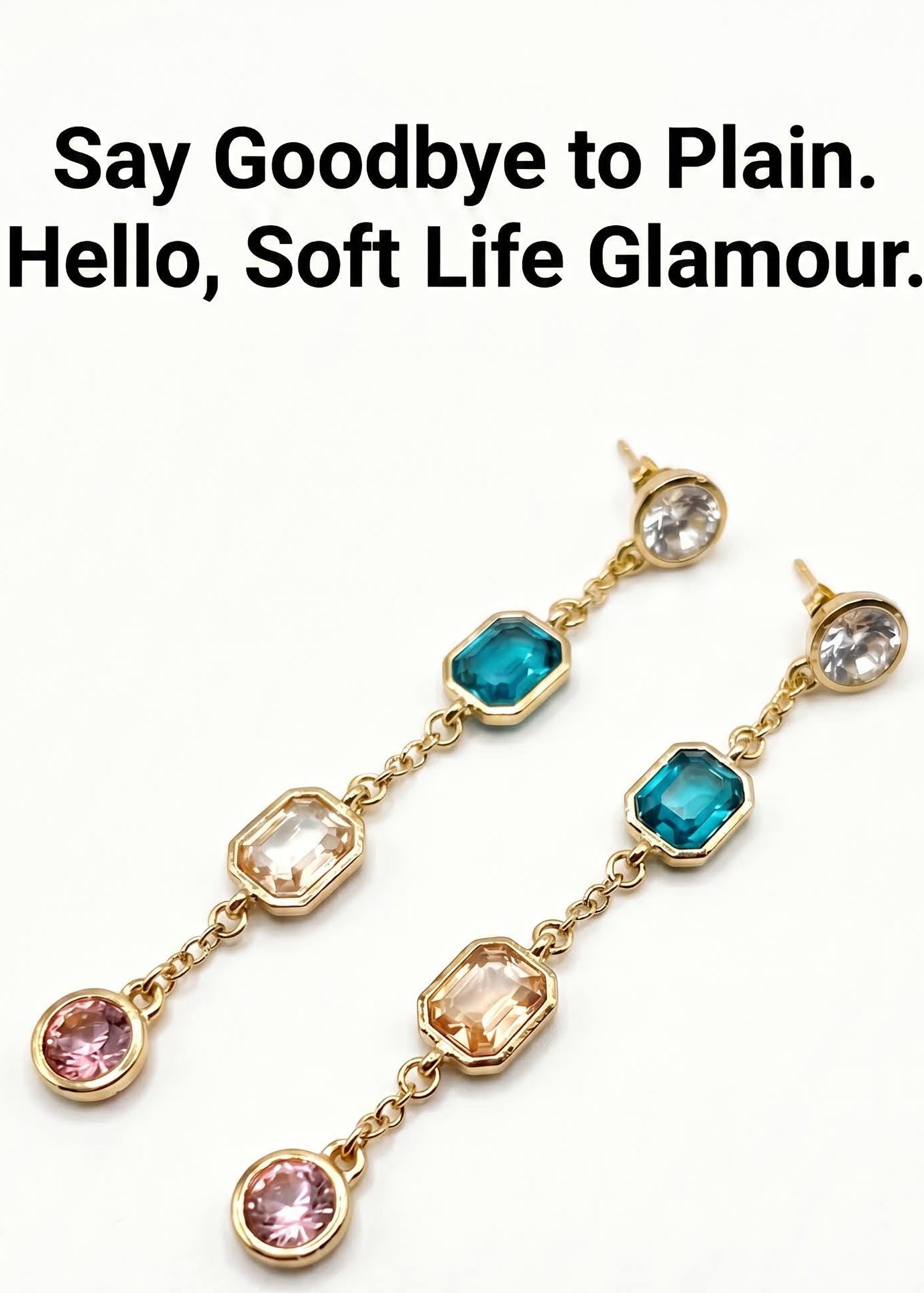 A pair of gold dangle earrings with alternating rectangular and round gemstone charms in blue, pink, and clear, displayed on a white background with promotional text and a teal badge.