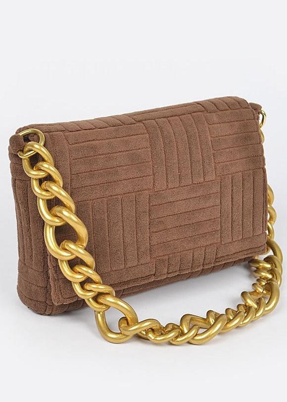 Center In Embossed Micro Suede Chain Clutch