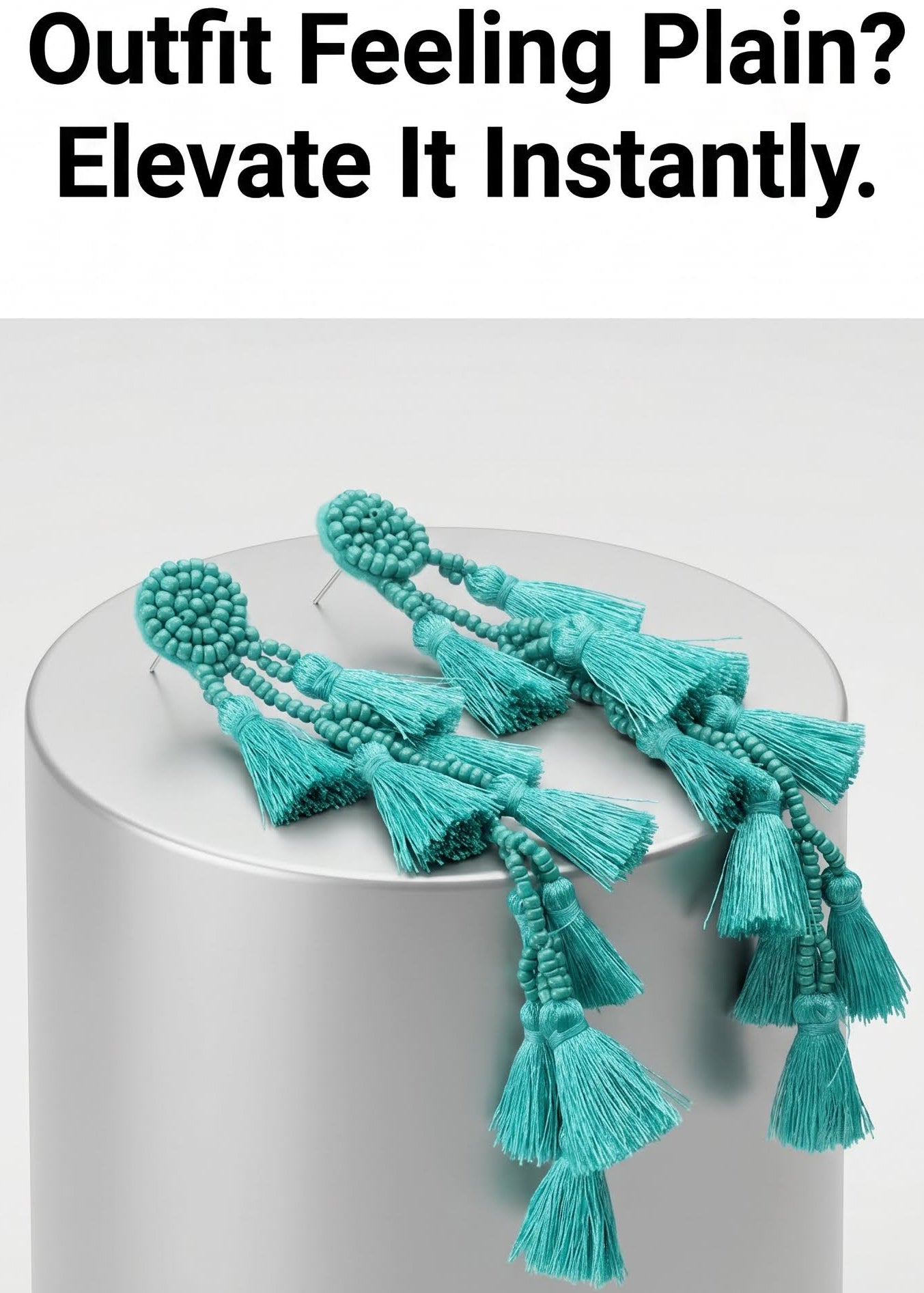Turquoise beaded tassel drop earrings displayed on a white cylindrical pedestal, with promotional text above and below on a white and teal background.