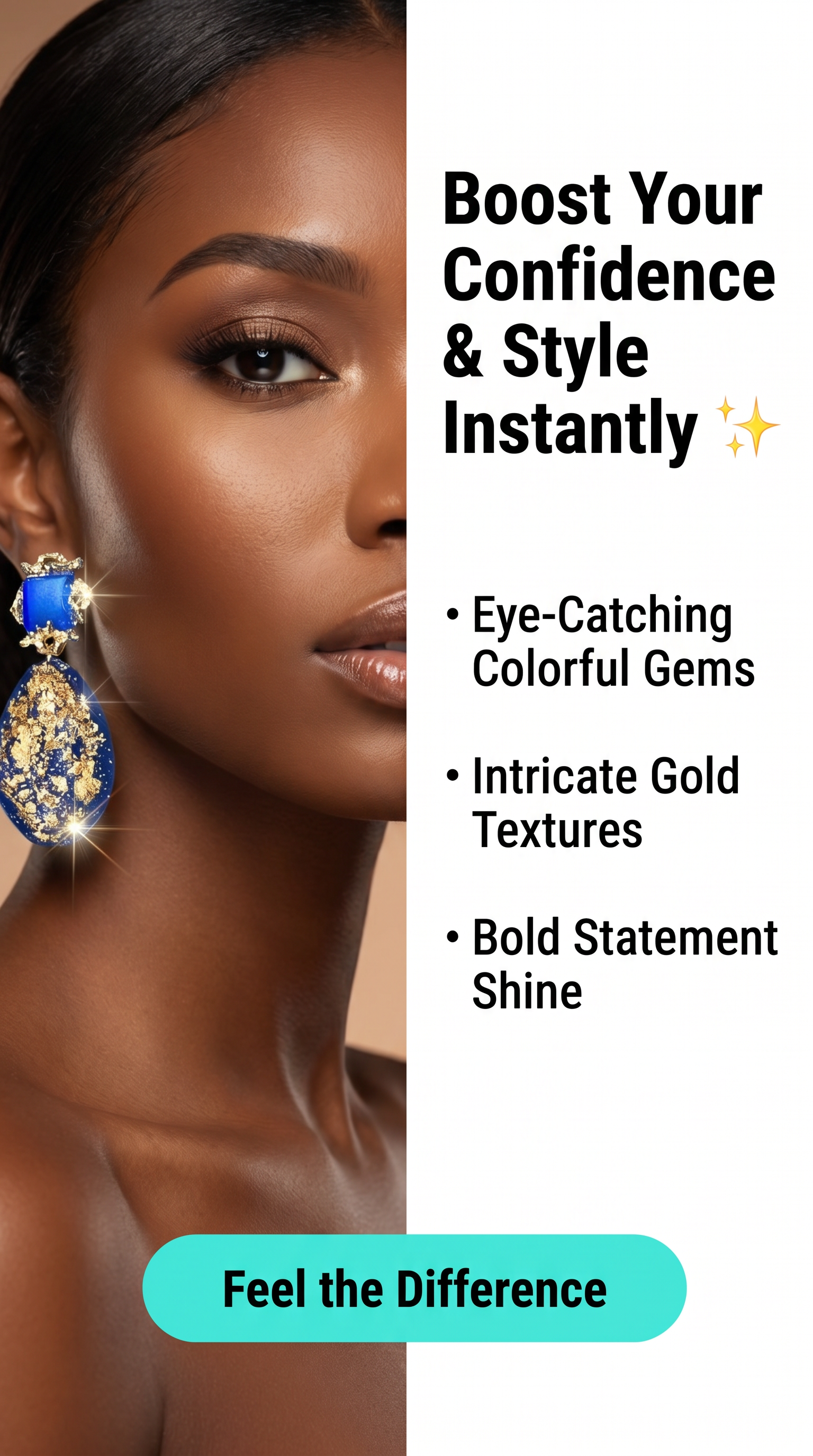 Promotional graphic featuring a close-up of a woman wearing a large ornate blue and gold statement earring, with text on the right reading 'Boost Your Confidence & Style Instantly' and bullet points about colorful gems, intricate gold textures, and bold statement shine.