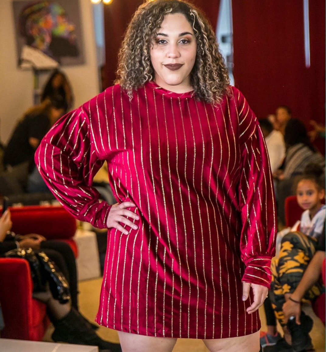 Curve Beauti Regal Red with Gold Pinstriped Shirt Dress - TRUE. 