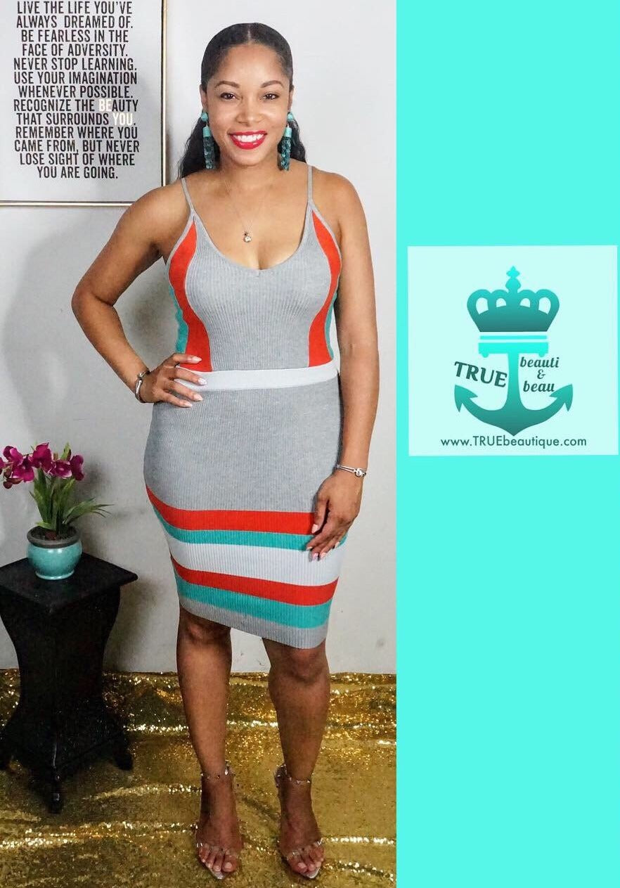 Gray Stripe Ribbed Dress - TRUE. 
