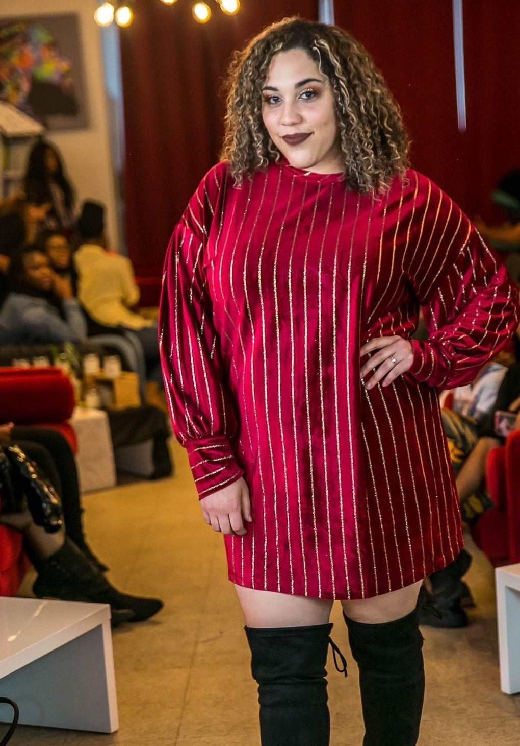 Curve Beauti Regal Red with Gold Pinstriped Shirt Dress - TRUE. 