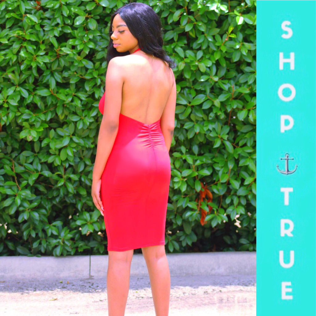 Radiant Red Low Back Midi Dress - TRUE. 